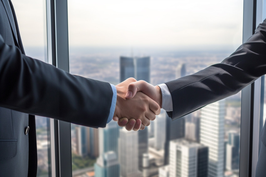 Two businessmen shake hands by a window in a tall office buildin