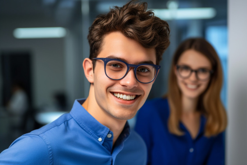 A photo of a smiling young businessman in a blue polo shirt and