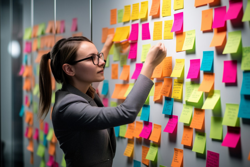 A photo of a woman using sticky notes to come up with new ideas
