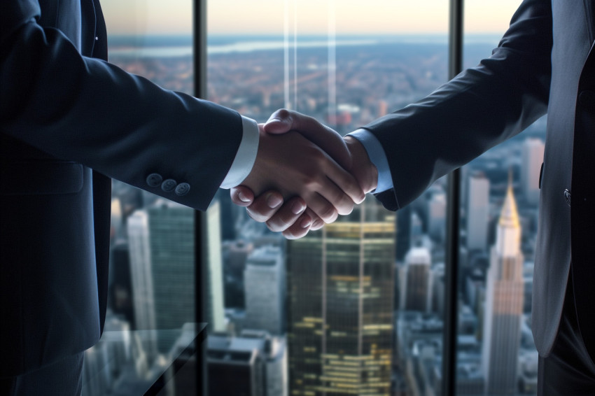 Two businessmen shake hands by a window in a tall office buildin