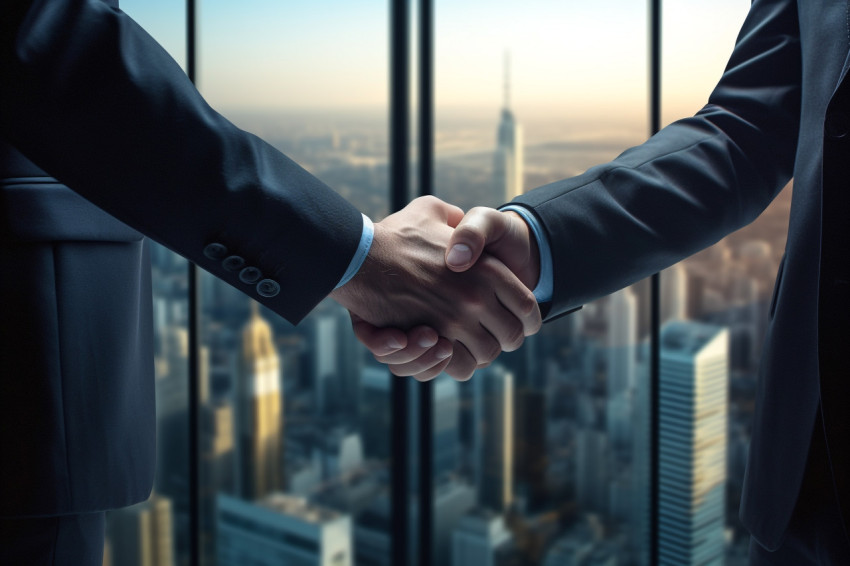 Two businessmen shake hands by a window in a tall office buildin