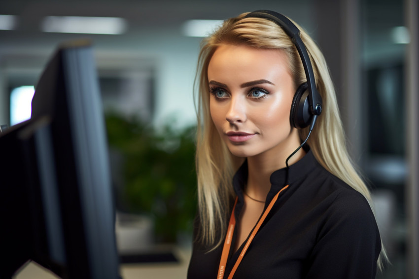 A picture of a young woman talking on a headset and using a comp