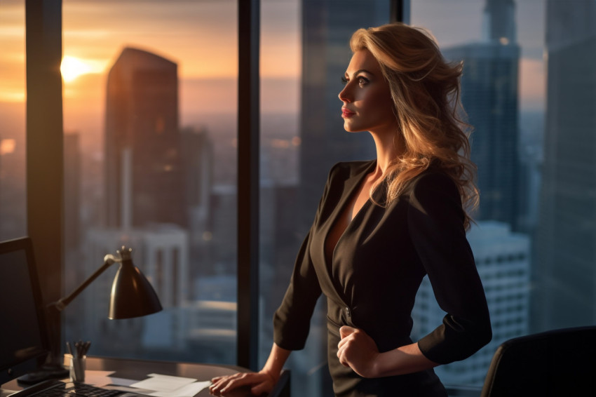 A photo of a successful businesswoman in a black dress standing