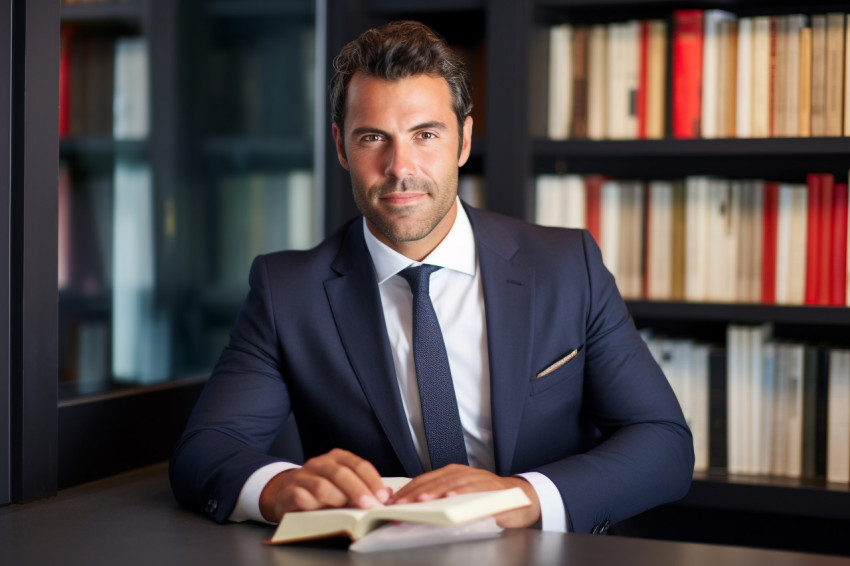 A photo of a handsome businessman in his office holding a book H