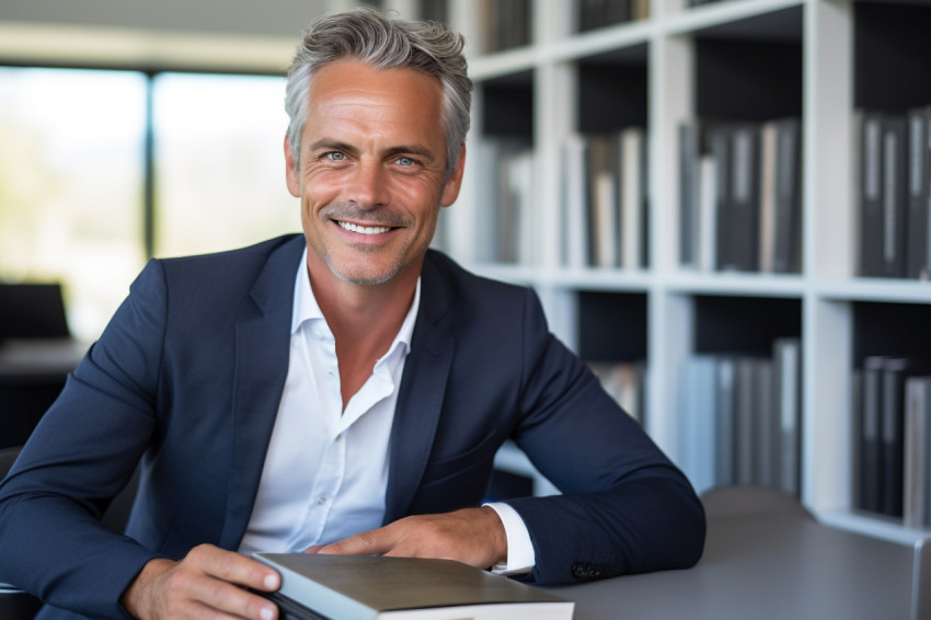 A photo of a handsome businessman in his office holding a book H