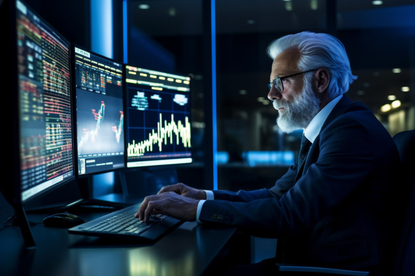 Photo of older businessman working at night in fintech office He