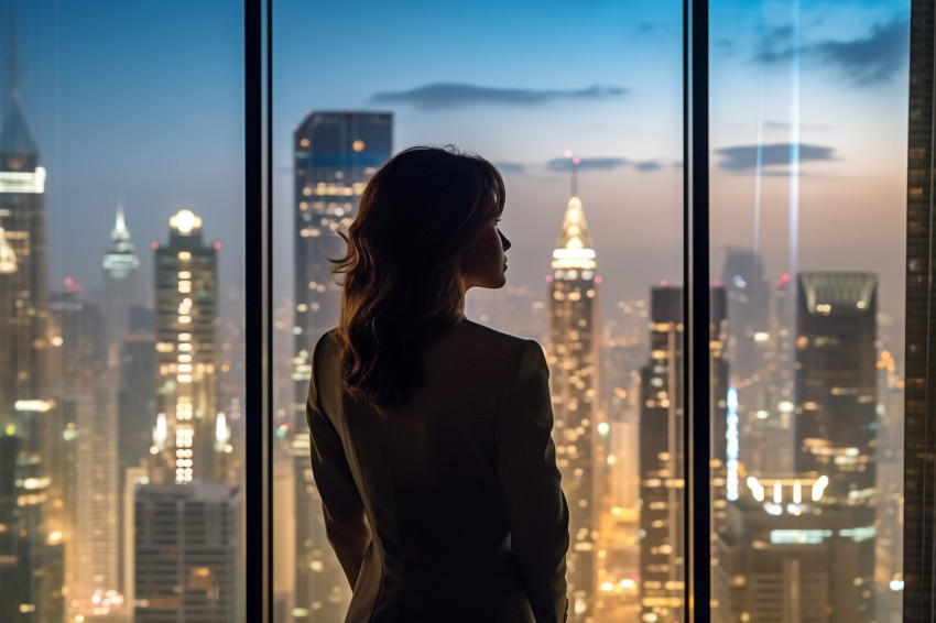 A picture of a businesswoman standing in the dark in an office b