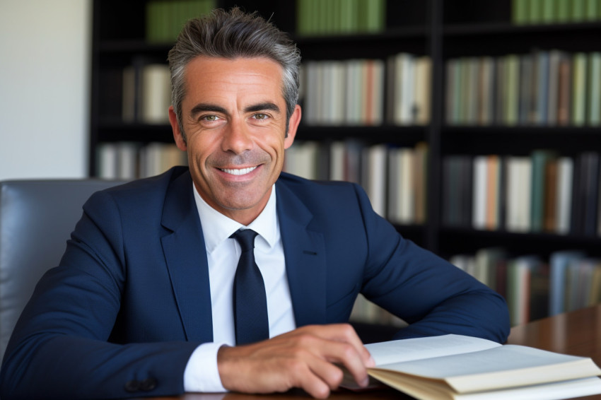 A photo of a handsome businessman in his office holding a book H