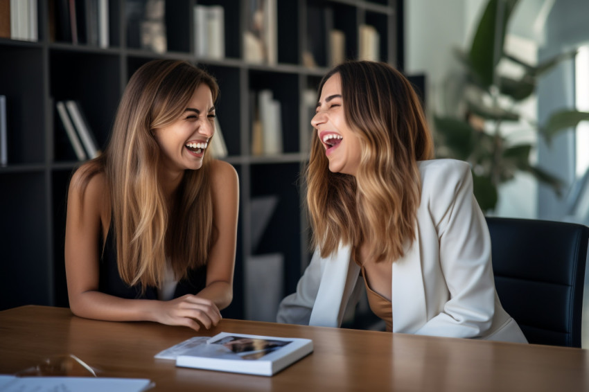 Image of two young women laughing while working at a desk in a b