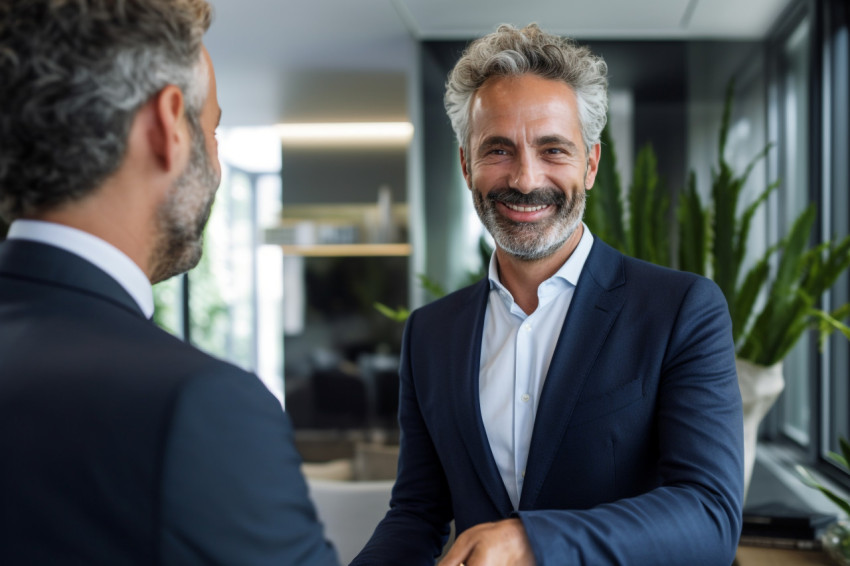 A photo shows a businessman shaking hands with a colleague in an