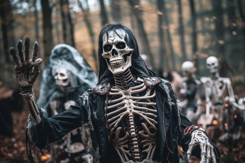 A picture of a skeleton at a Halloween party in a graveyard with