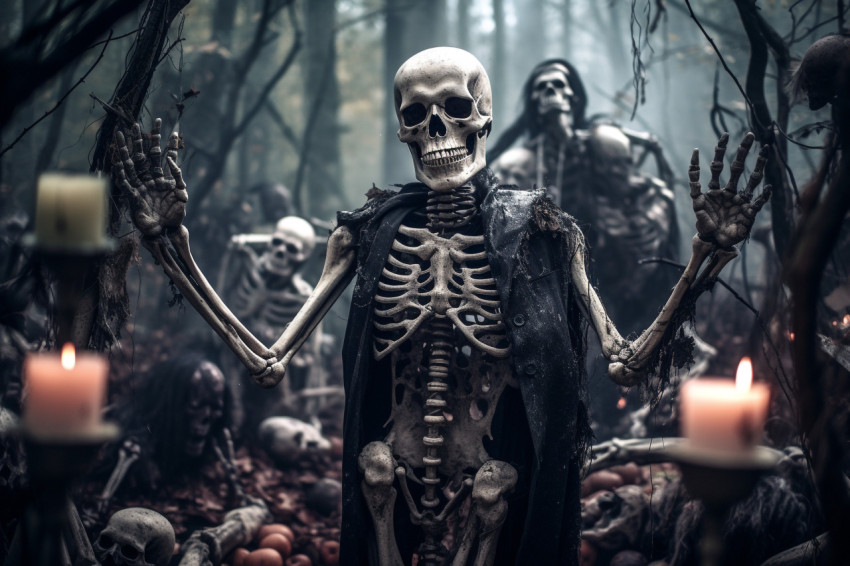 A picture of a skeleton at a Halloween party in a graveyard with