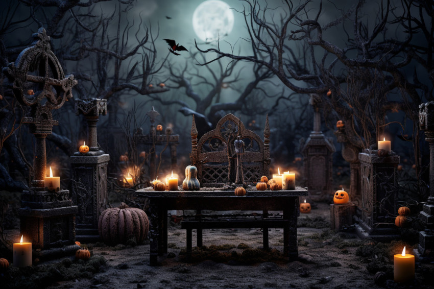 A picture of a Halloween-themed wooden table in a spooky graveya