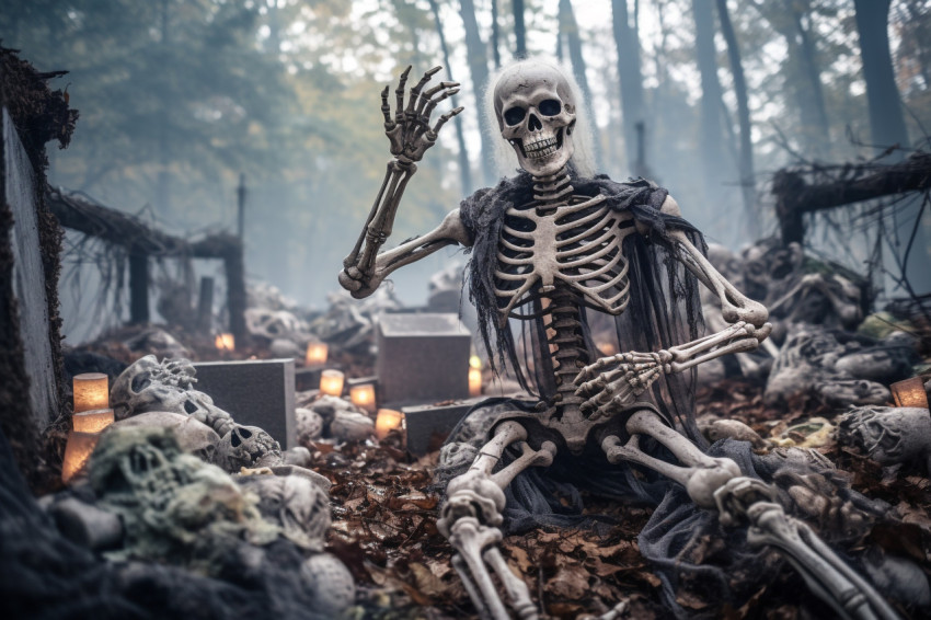 A picture of a skeleton at a Halloween party in a graveyard with