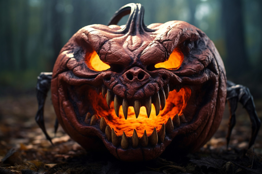 A photo of a scary Halloween pumpkin on a table in the forest