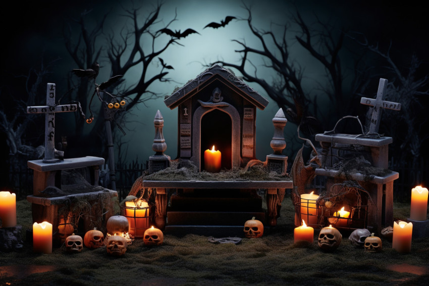 A picture of a Halloween-themed wooden table in a spooky graveya