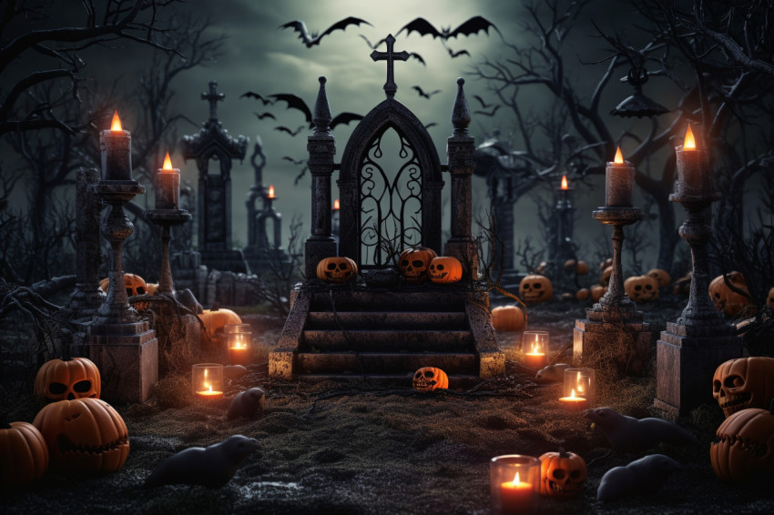 A picture of a Halloween-themed wooden table in a spooky graveya