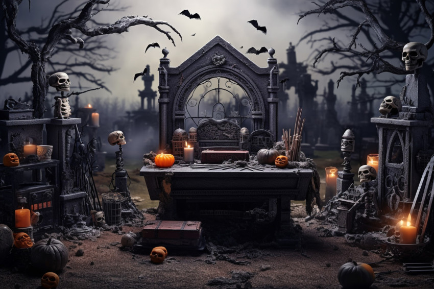 A picture of a Halloween-themed wooden table in a spooky graveya