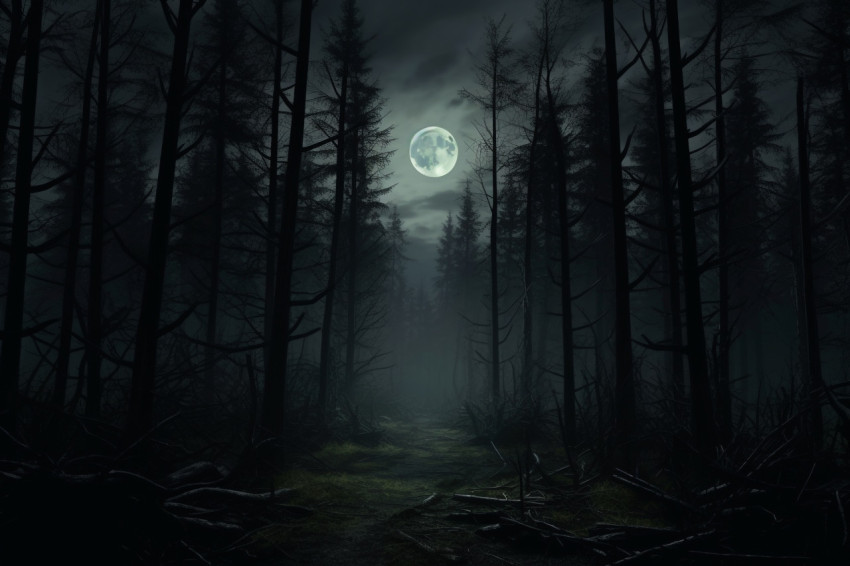 A photo of a dark and gloomy forest at night, with trees, a big