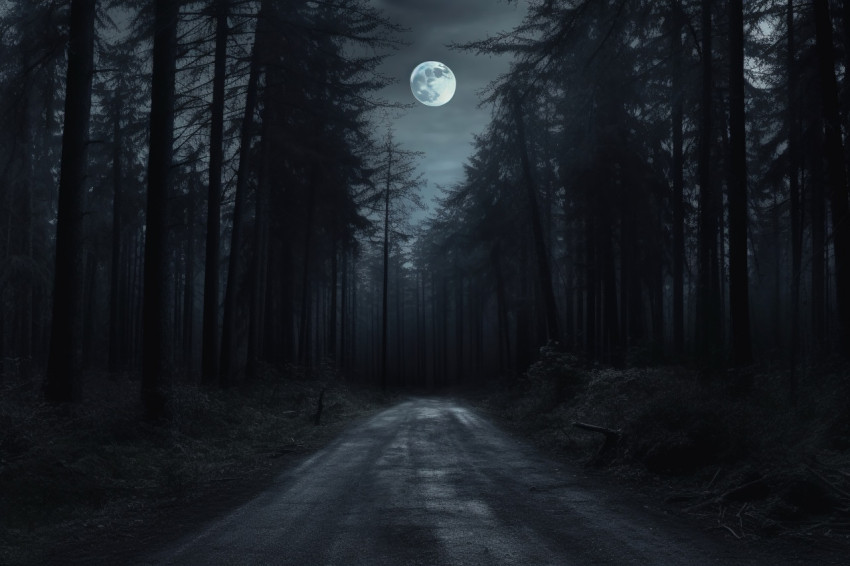 A photo of a dark and gloomy forest at night, with trees, a big