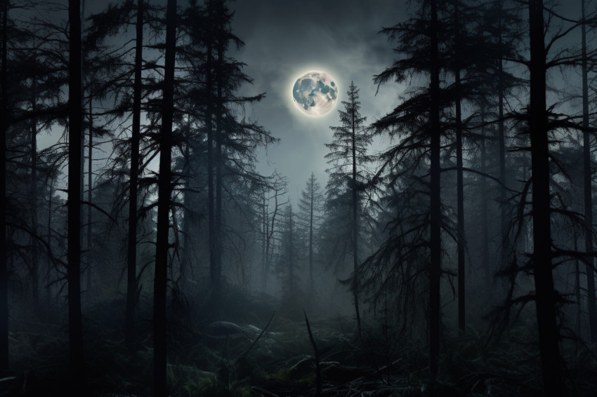 A photo of a dark and gloomy forest at night, with trees, a big