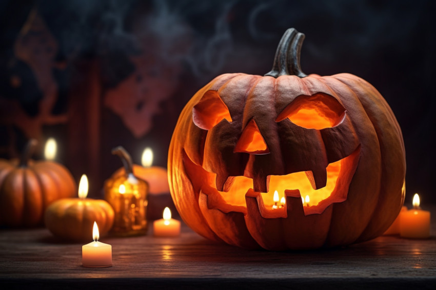 A picture of a carved pumpkin sitting on a wooden board with can