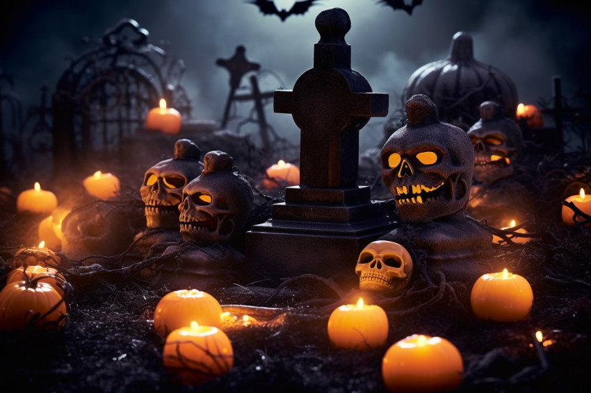 A photo of pumpkins in a spooky graveyard on Halloween night
