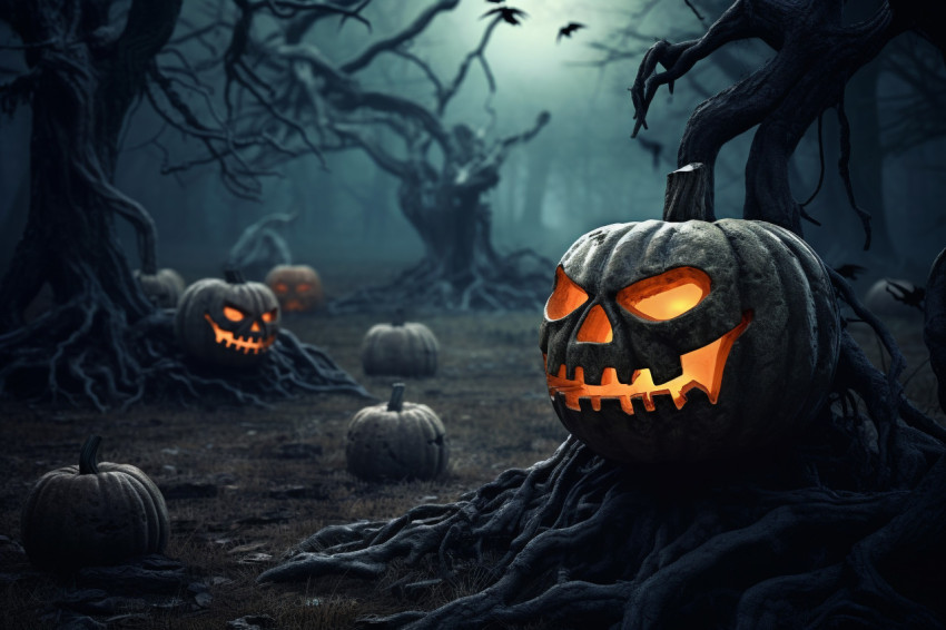 A photo of a scary forest with dead trees and pumpkins, decorate