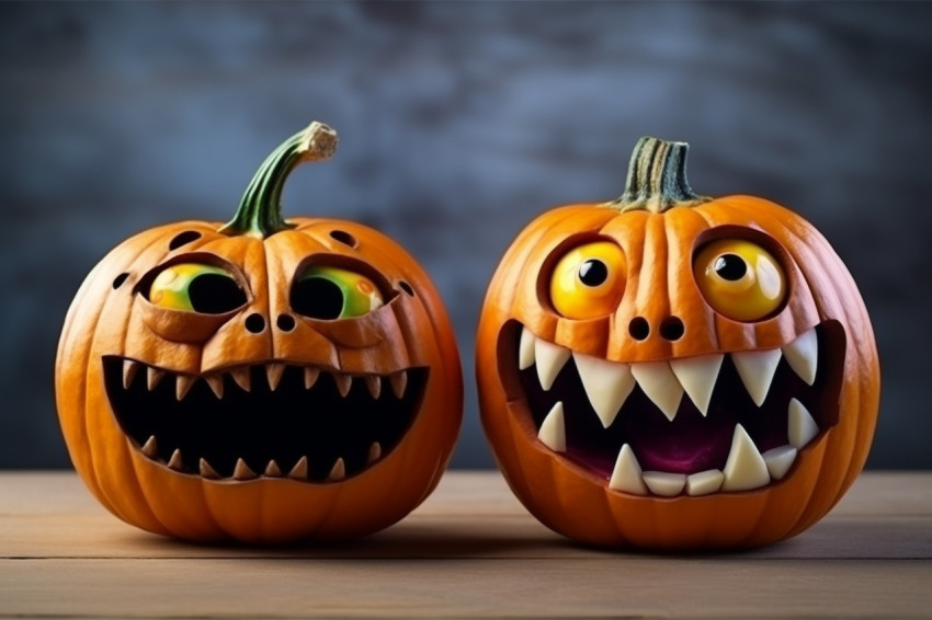 A picture of pumpkins with painted faces on a wooden table in fr