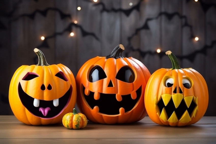 A picture of pumpkins with painted faces on a wooden table in fr