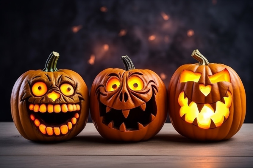 A picture of pumpkins with painted faces on a wooden table in fr