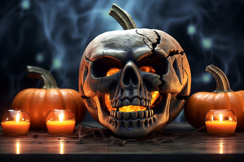 Picture of a scary pumpkin on a table, decorated with other pump
