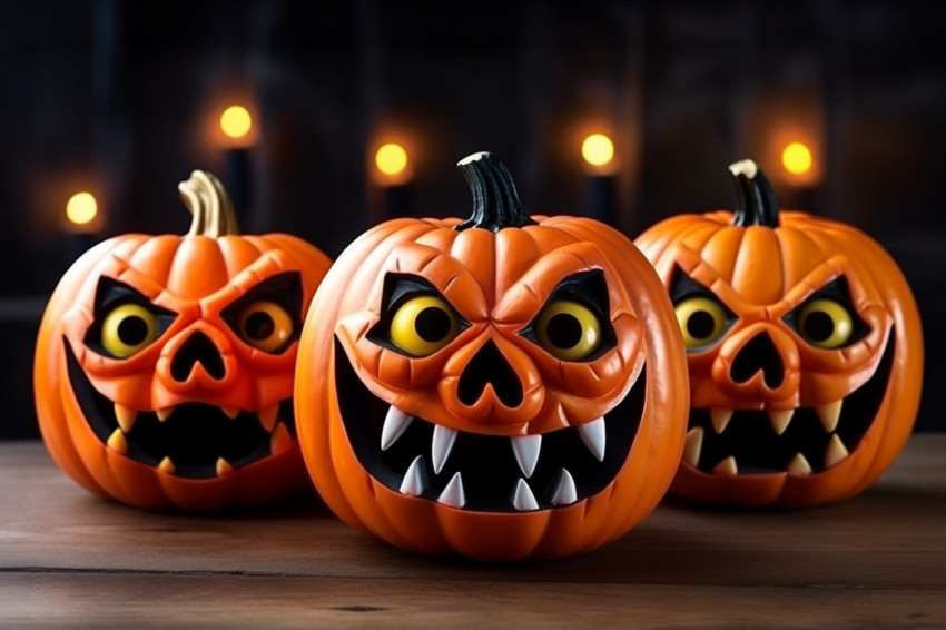 A picture of pumpkins with painted faces on a wooden table in fr