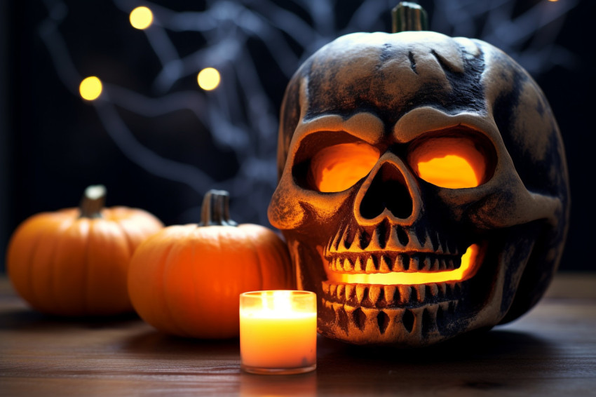 Picture of a scary pumpkin on a table, decorated with other pump