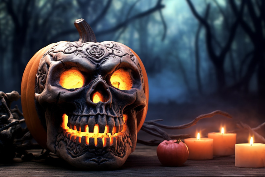 Picture of a scary pumpkin on a table, decorated with other pump