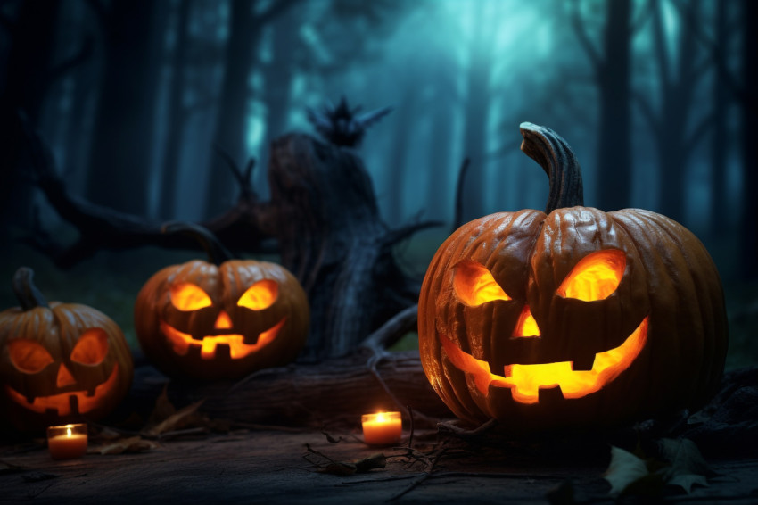 A picture of Halloween pumpkins on a wooden table in a dark and