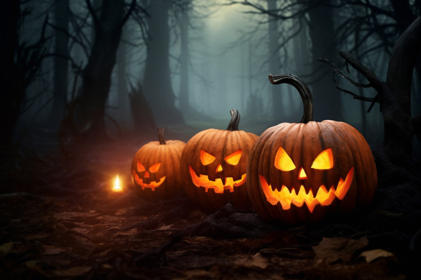 A picture of Halloween pumpkins on a wooden table in a dark and