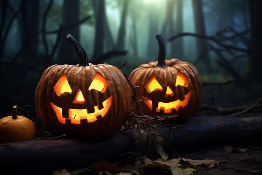 A picture of Halloween pumpkins on a wooden table in a dark and