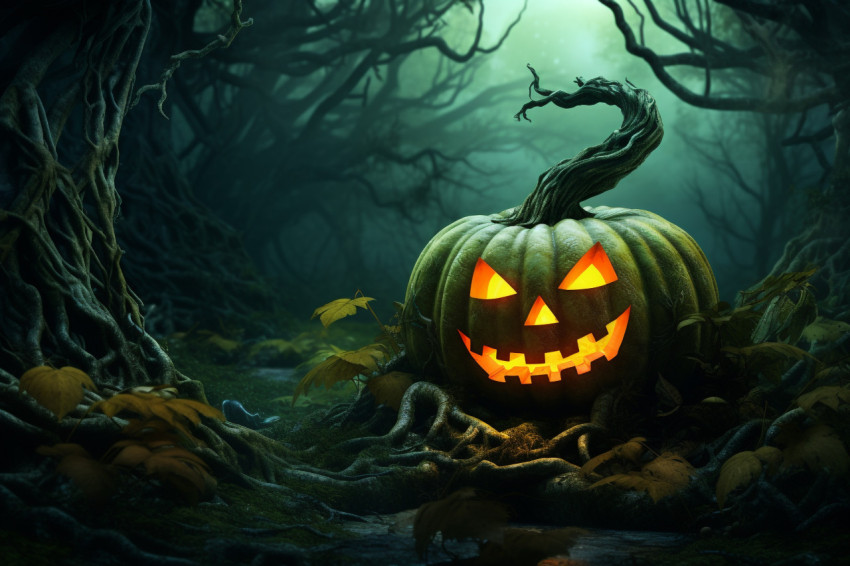 Picture of a carved pumpkin in a spooky forest at nighttime