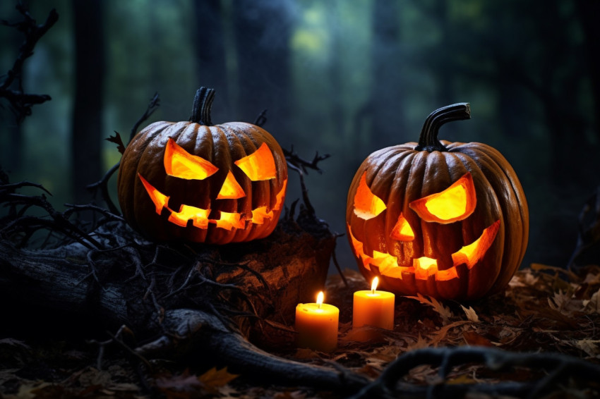 A picture of Halloween pumpkins on a wooden table in a dark and