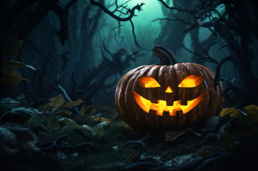 Picture of a carved pumpkin in a spooky forest at nighttime