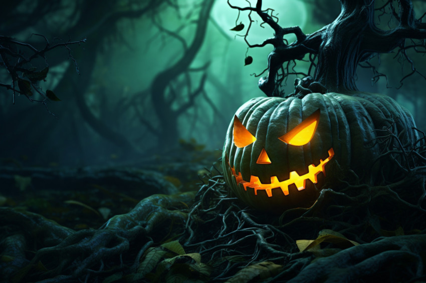 Picture of a carved pumpkin in a spooky forest at nighttime