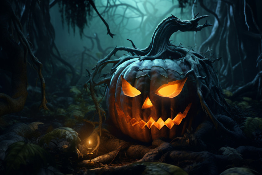 Picture of a carved pumpkin in a spooky forest at nighttime