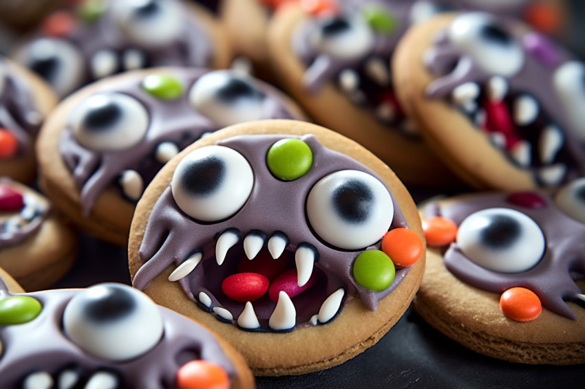 A picture of Halloween gingerbread cookies with candy on a white