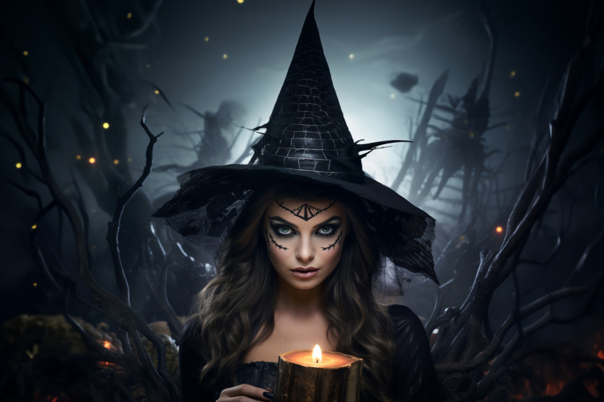 A picture of a young woman dressed as a witch for Halloween, hol