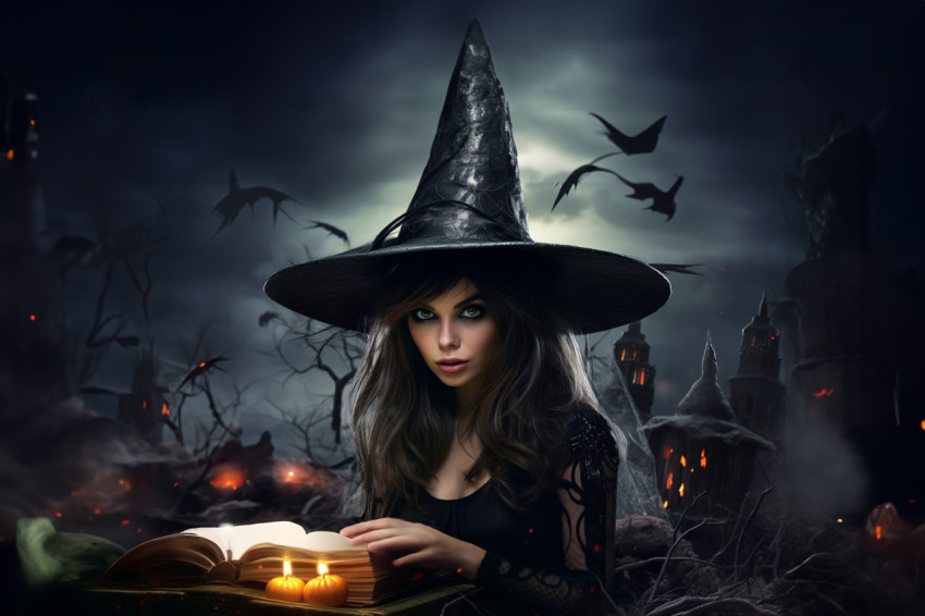 A picture of a young woman dressed as a witch for Halloween, hol