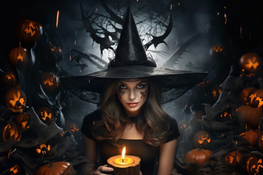 A picture of a young woman dressed as a witch for Halloween, hol