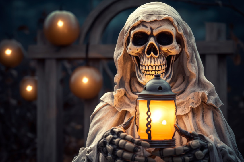 A picture of a spooky Halloween skeleton holding a lantern on a