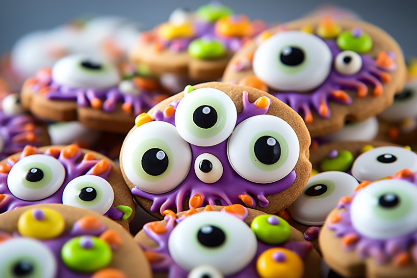 A picture of Halloween gingerbread cookies with candy on a white