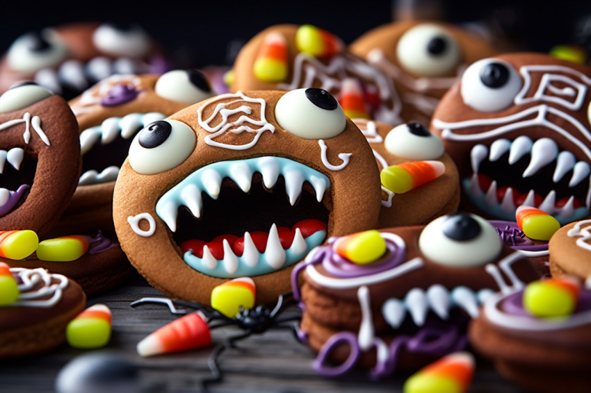 A picture of Halloween gingerbread cookies with candy on a white